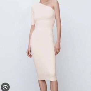 zara cream one shoulder dress Must Have Zara Cream Midi Dress for Bridesmaids